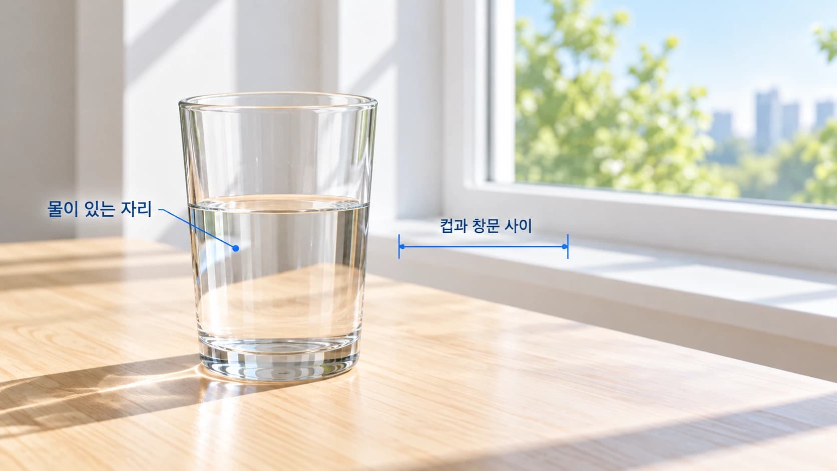 책상 위 물컵과 창문이 한 장면에 보인다. 물이 있는 자리와 컵과 창문 사이를 각각 짚는 이름표가 있다.