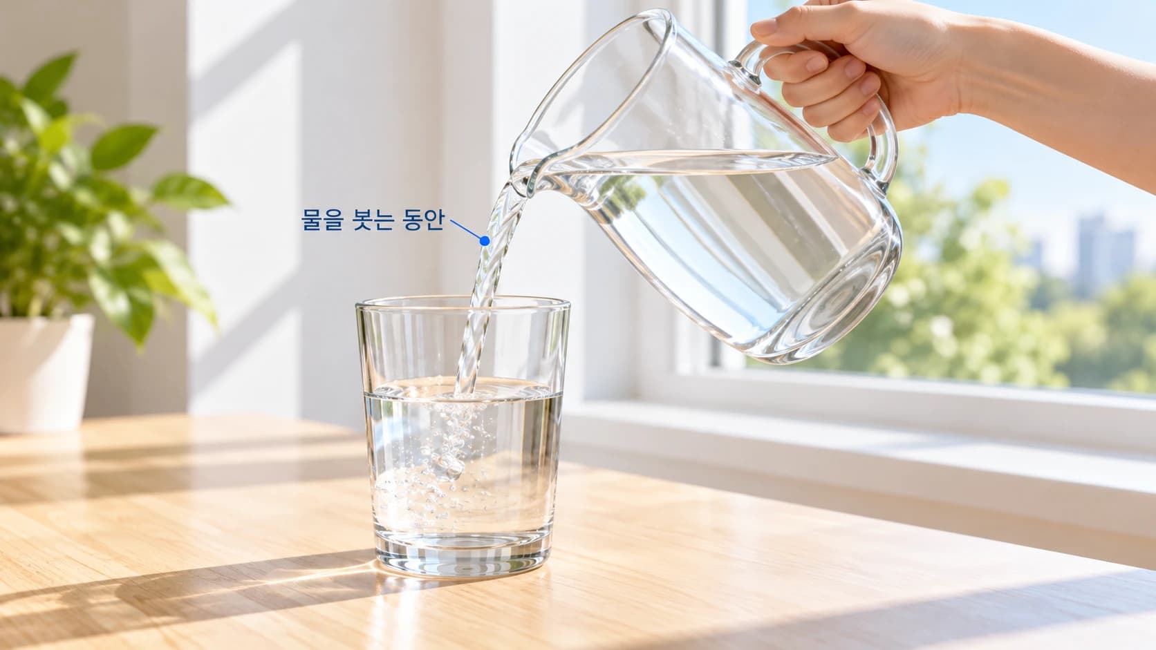 주전자에서 투명한 컵으로 물을 붓는 한순간. 주전자와 컵 전체가 보이고 물을 붓는 동안이라는 글이 있다.